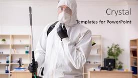  Presentation with covid - Cool new PPT layouts with contractor-disinfecting-office-for-covid backdrop and a light gray colored foreground