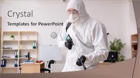  Presentation with covid - Colorful PPT layouts enhanced with contractor-disinfecting-office-for-covid backdrop and a light gray colored foreground