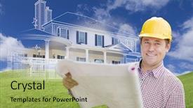  Presentation with dr holding ipad - Beautiful PPT theme featuring contractor holding blueprints over custom backdrop and a yellow colored foreground