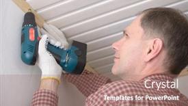  Presentation with screw driver - Amazing slide deck having contractor installing molding to ceiling using cordless power screw driver backdrop and a coral colored foreground