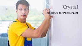  Presentation with surveillance - Amazing slide deck having contractor-installing-surveillance-cctv-cameras backdrop and a sky blue colored foreground