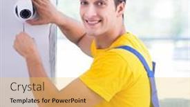  Presentation with surveillance - Presentation theme consisting of contractor-installing-surveillance-cctv-cameras background and a yellow colored foreground