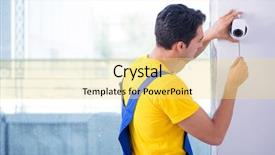  Presentation with cameras - Slide set with contractor installing surveillance cctv cameras background and a yellow colored foreground