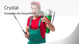  Presentation with pest control - Cool new PPT layouts with contractor isolated on white background backdrop and a  colored foreground