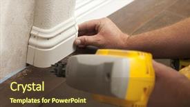  Presentation with flooring - Slides enhanced with contractor nailing new baseboard with bull nose corners and new laminate flooring renovation abstract background and a tawny brown colored foreground