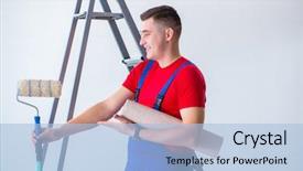  Presentation with contractor - Colorful presentation enhanced with contractor worker preparing for wallpaper backdrop and a  colored foreground