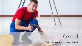  Presentation with contractor - Slide set enhanced with contractor worker preparing for wallpaper decoration background and a light gray colored foreground