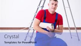  Presentation with contractor - Amazing PPT theme having contractor worker preparing for wallpaper decoration backdrop and a light blue colored foreground