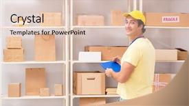  Presentation with express delivery service by motorcycle - PPT theme consisting of contractor working in box delivery background and a  colored foreground