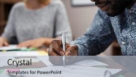  Presentation with african american meeting - Cool new PPT layouts with contracts - closeup of businessman hand signing backdrop and a light blue colored foreground