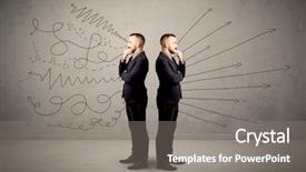  Presentation with arrows - Amazing theme having hardship - young conflicted businessman choosing backdrop and a gray colored foreground