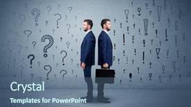  Presentation with question marks - Theme having contradict - young conflicted businessman choosing background and a ocean colored foreground