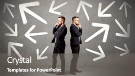  Presentation with arrows - PPT theme featuring hardship - young conflicted businessman choosing background and a gray colored foreground