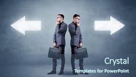  Presentation with hardship - Slide deck enhanced with hardship - young conflicted businessman choosing background and a ocean colored foreground