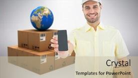  Presentation with handsome - Presentation theme with contrast media - handsome delivery man showing mobile background and a soft green colored foreground