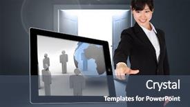  Presentation with opening doors - Beautiful PPT theme featuring contrast media - smiling businesswoman pointing against doors backdrop and a ocean colored foreground
