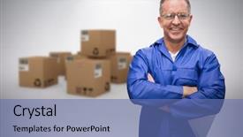  Presentation with warehouse - Amazing PPT theme having contrast media - smiling warehouse manager standing backdrop and a  colored foreground
