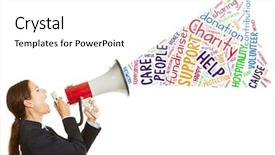  Presentation with charity - Beautiful presentation theme featuring contribute - business woman calling for charity backdrop and a  colored foreground