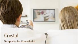  Presentation with television - Presentation theme having young boy and young girl in living room with remote control and flat screen television background and a sky blue colored foreground