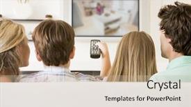  Presentation with living room family - Audience pleasing PPT theme consisting of lcd tv - family in living room backdrop and a soft green colored foreground