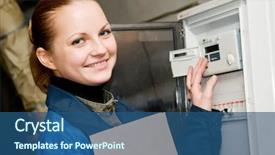  Presentation with system engineering - Presentation design featuring control engineering - cheerful woman engineer checking technical background and a ocean colored foreground