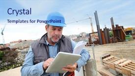  Presentation with building construction - Amazing slides having control engineering - construction manager controlling building site backdrop and a sky blue colored foreground