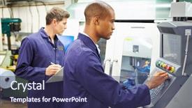  Presentation with milling machine - Presentation design featuring control engineering - engineer and apprentice using automated background and a navy blue colored foreground