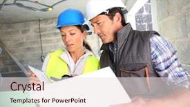  Presentation with building plans - PPT theme with control engineering - engineers on building site checking background and a sky blue colored foreground