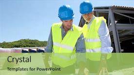  Presentation with industrial textile industry yarn spools - Theme with control engineering - industrial people working on building background and a yellow colored foreground