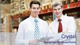  Presentation with managers - Cool new presentation theme with control management - two managers workers in warehouse backdrop and a sky blue colored foreground