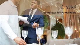  Presentation with banquet - Cool new theme with control management - young waiter setting the table backdrop and a coral colored foreground