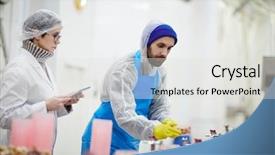  Presentation with weight control - Amazing PPT theme having food production - control staff in uniform checking backdrop and a light blue colored foreground