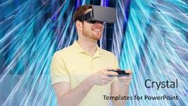  Presentation with virtual reality physical therapy - PPT layouts consisting of controller gamepad over spiral neon background and a  colored foreground