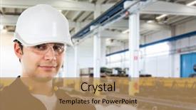  Presentation with factory - Colorful PPT theme enhanced with contruction - portrait of an industrial worker backdrop and a coral colored foreground
