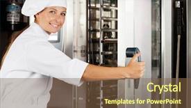  Presentation with chef - Slides with convection - portrait of happy female chef background and a tawny brown colored foreground