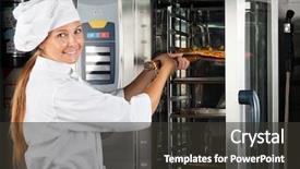  Presentation with chef - PPT theme featuring convection - portrait of happy female chef background and a dark gray colored foreground