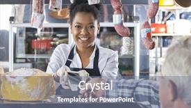  Presentation with payment - Colorful PPT theme enhanced with convenience store - happy saleswoman accepting mobile payment backdrop and a seafoam green colored foreground