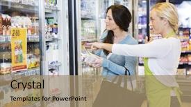  Presentation with refrigerator - Audience pleasing PPT theme consisting of convenience store - saleswoman showing products to female backdrop and a coral colored foreground