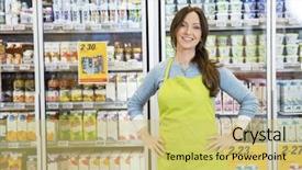  Presentation with hip - Slide deck enhanced with convenience store - saleswoman standing with hands background and a yellow colored foreground