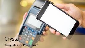  Presentation with nfc technology - Audience pleasing PPT theme consisting of convenience store - woman pay by cellphone backdrop and a coral colored foreground