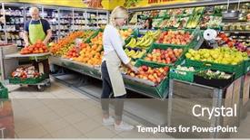  Presentation with supermarket - Colorful slides enhanced with convenience store - workers arranging fruits in supermarket backdrop and a gray colored foreground