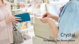  Presentation with pay - Presentation theme having convenience store - young female cashier helping background and a mint green colored foreground