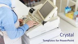  Presentation with pay - Audience pleasing PPT layouts consisting of convenience store - young female cashier helping backdrop and a sky blue colored foreground