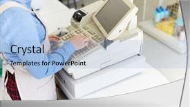  Presentation with helping - Cool new theme with convenience store - young female cashier helping backdrop and a light blue colored foreground