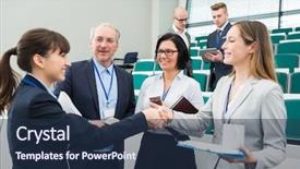  Presentation with lecture hall - PPT theme having convention - smiling businesswomen shaking hands while background and a tawny brown colored foreground