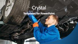  Presentation with car brake - Presentation theme consisting of convergence - mechanic with lamp checks car background and a dark gray colored foreground