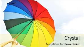  Presentation with umbrella - Amazing PPT layouts having convergence - rainbow umbrella in the hands backdrop and a yellow colored foreground