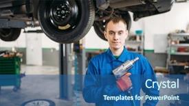  Presentation with pneumatic and hydraulic - Slides having convergence - technician with pneumatic wrench car background and a ocean colored foreground