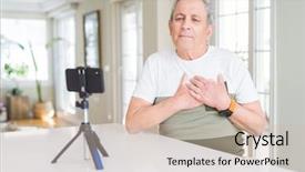  Presentation with video conference - Presentation featuring conversation hearts - handsome senior man doing video background and a soft green colored foreground