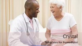  Presentation with doctor helps to get out of bed an elderly woman - Colorful theme enhanced with conversation medical - doctor giving checkup to woman backdrop and a soft green colored foreground